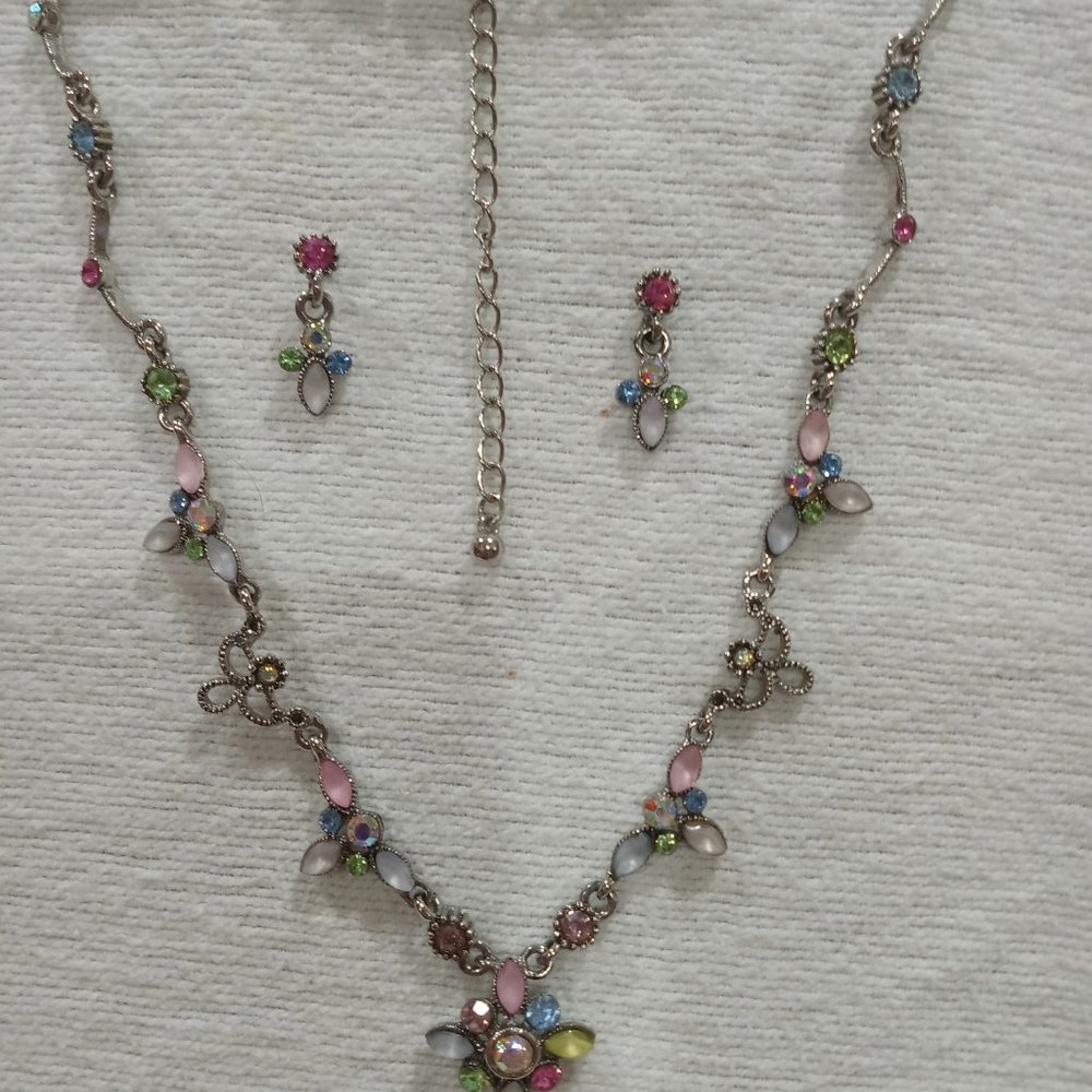 Ladies Silver Necklace with Multi-Color Stones and Matching Pierced Earings